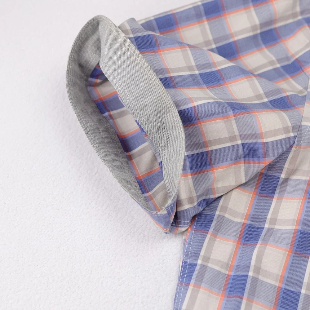 7 Diamonds Mens Large Blue Orange Plaid Pearl Snap Short‎ Sleeve Button Up Shirt